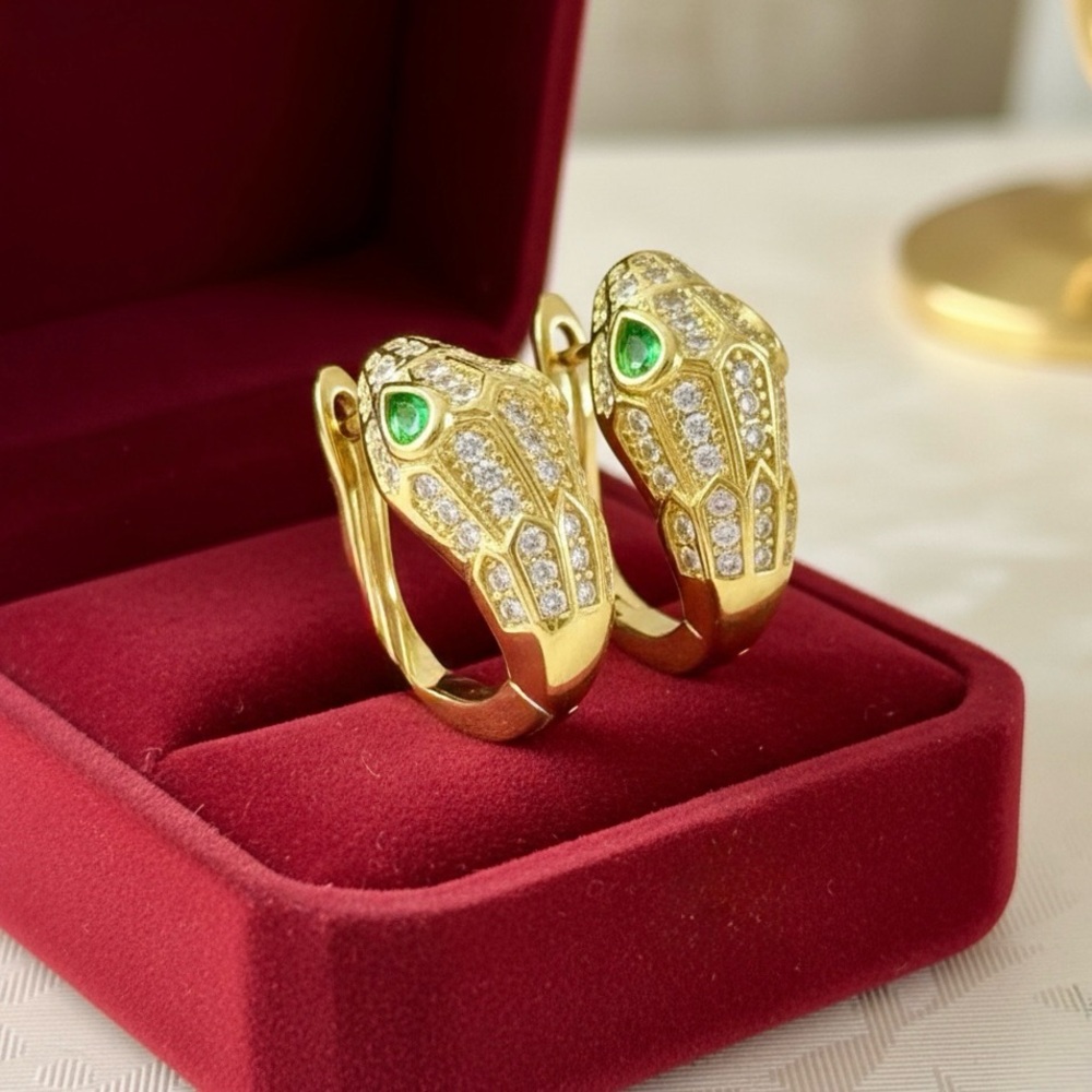 14K Gold Plated Serpent Snake Earrings Emerald Green CZ Pave - Picture 2 of 5